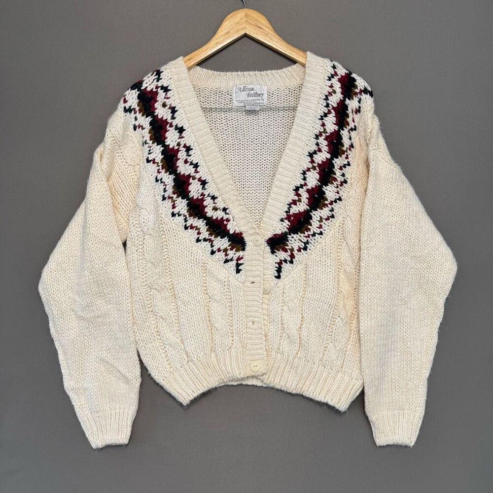 Alison Brittney Vintage Hand Knit Cardigan Sweater Floral Size Medium